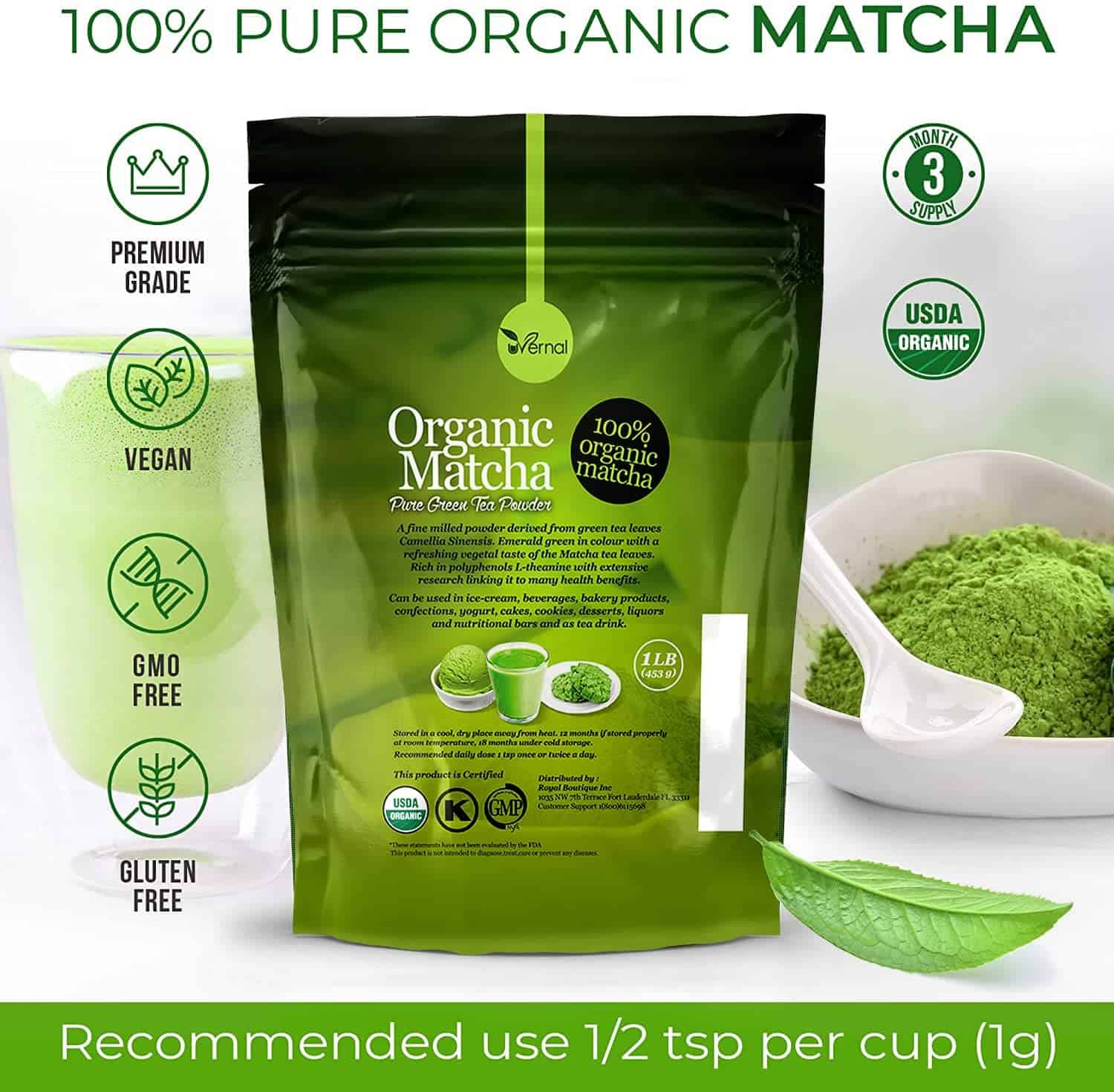 Organic Matcha Green Tea Powder (1 Lb) - 100% Pure Matcha for Smoothies Latte and Baking - Easy to Mix - Image 2